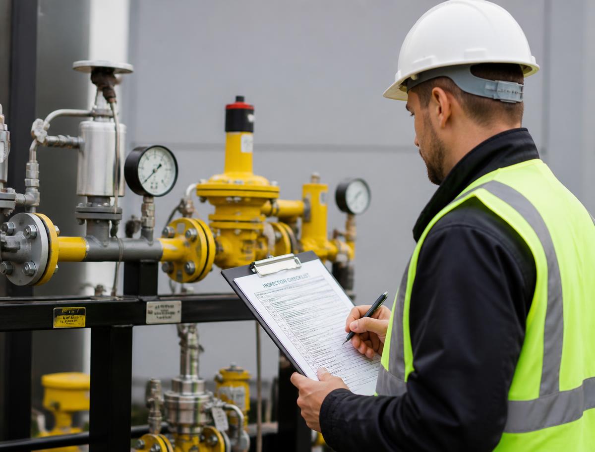 Inspector with checklist examining a gas manifold and valves