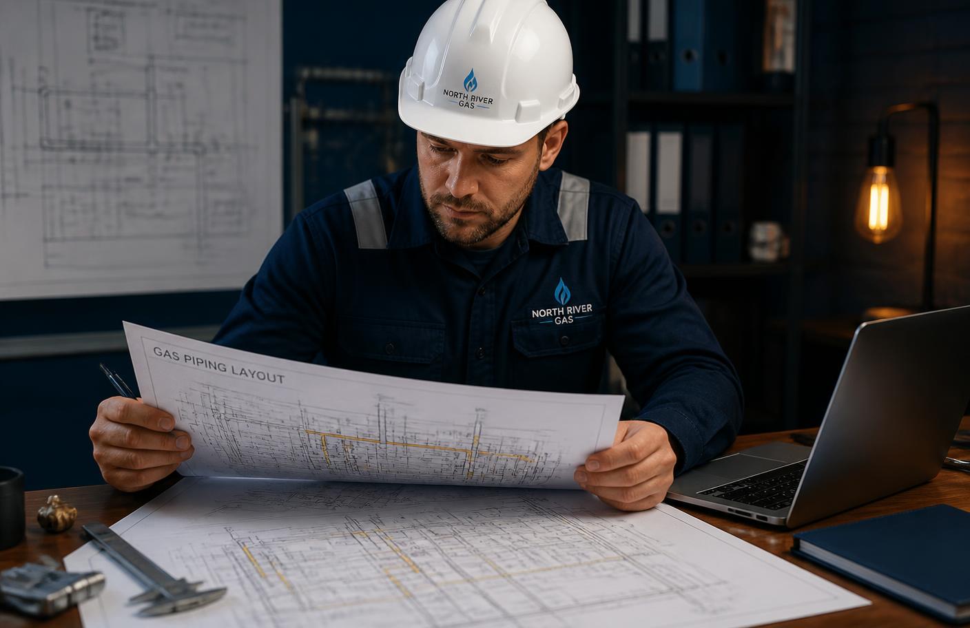 Engineers reviewing a gas system drawing together