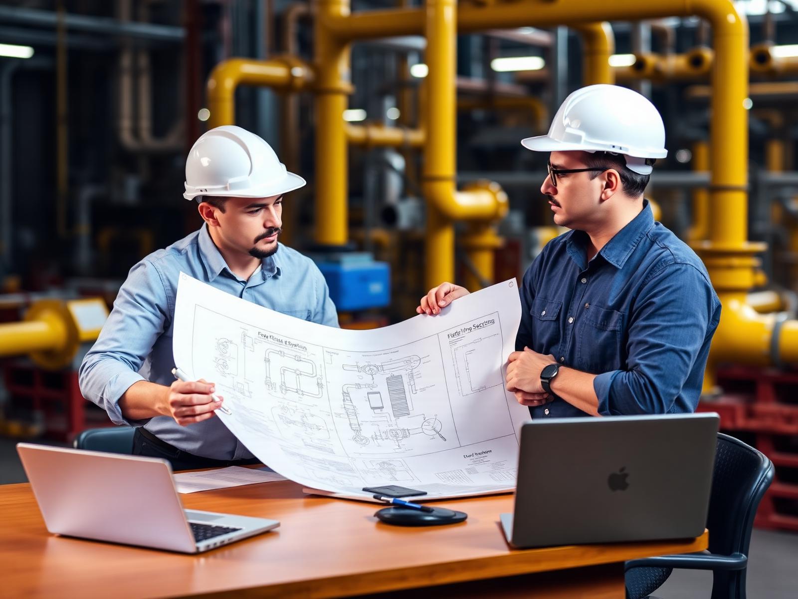 IGNITE LPG TRACK engineers reviewing a gas piping drawing at a desk