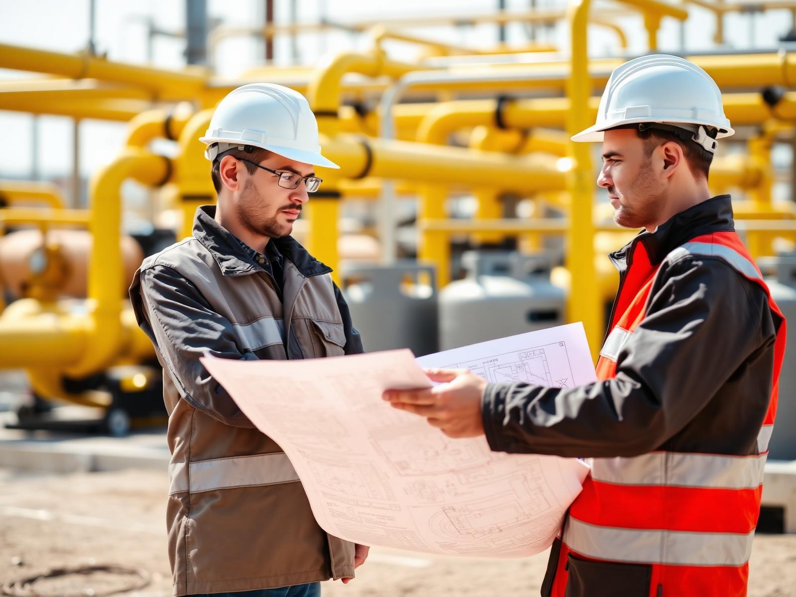Two IGNITE LPG TRACK engineers reviewing a piping drawing at a gas installation