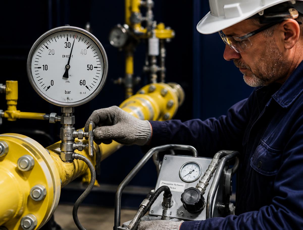 Close-up of a calibrated pressure gauge during pneumatic testing