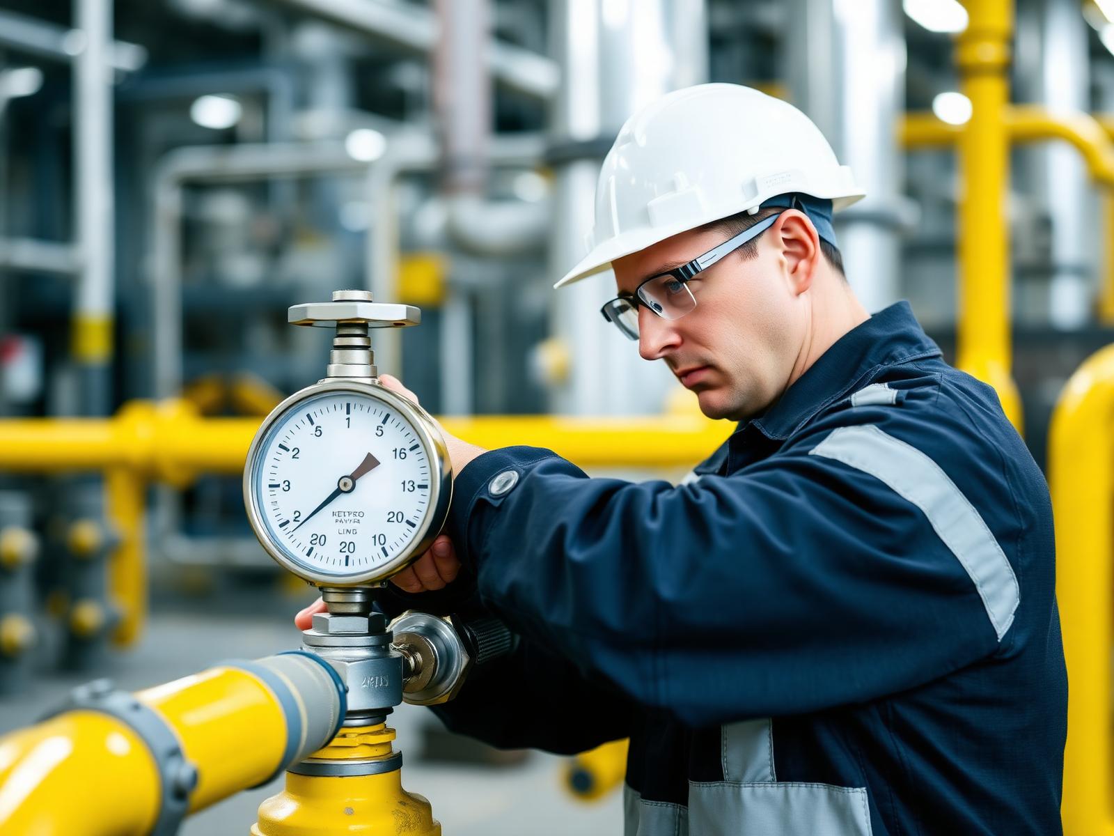IGNITE LPG TRACK technician testing a valve on yellow gas piping with a pressure gauge